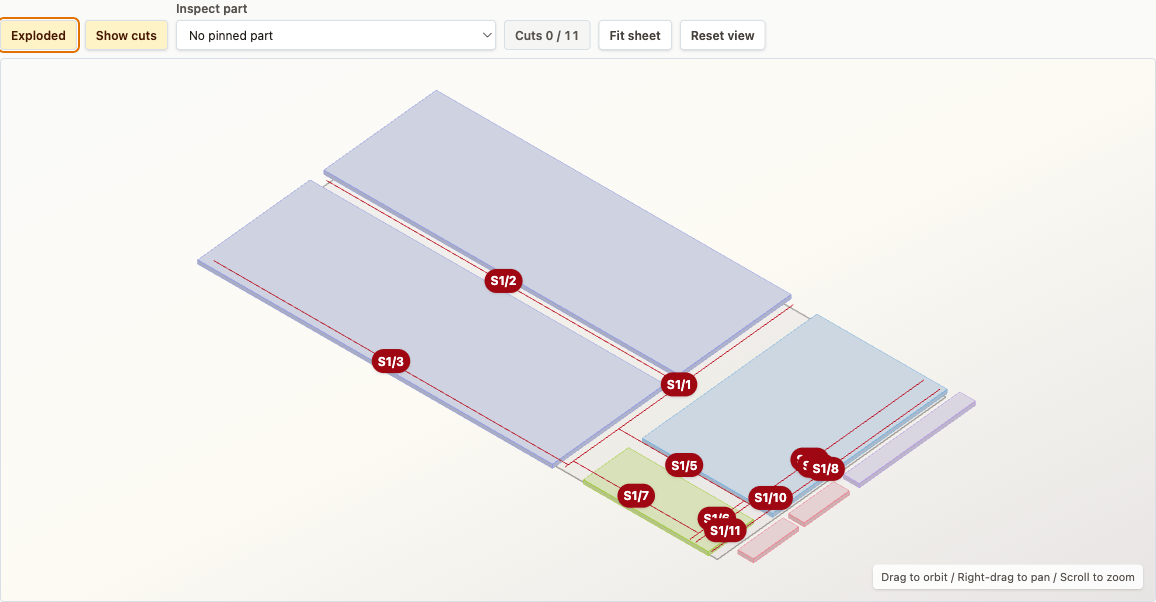 Exploded 3D view of a cabinet sheet cutting plan in SawWise